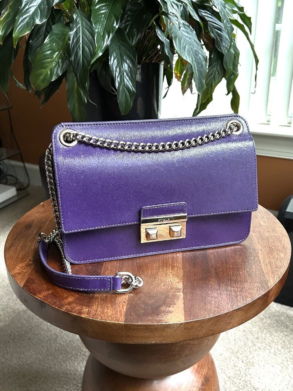 FURLA Chain Strap Leather Shoulder Bag, Purple